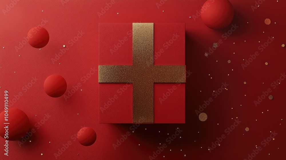 Poster red gift box with shimmering golden circles and a ribbon, surrounded by subtle festive elements in a