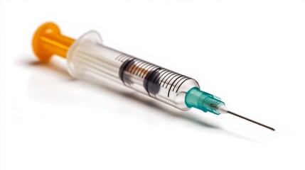 Syringe with a turquoise needle and yellow plunger on white background