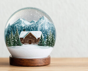 beautiful snow globe featuring cozy cabin surrounded by snow covered mountains and evergreen trees, evoking sense of winter wonder and nostalgia