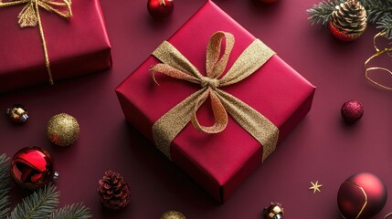 Sleek red gift box with gold circle motifs and ribbon, surrounded by subtle festive decorations. Ideal for holiday postcard designs.