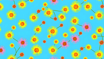 Fototapeta premium Mimosa. Seamless pattern. Yellow, pink mimosa flowers on a blue background. Botanical pattern for textiles, fabric, packaging, paper, clothing isolated with white highlights, png
