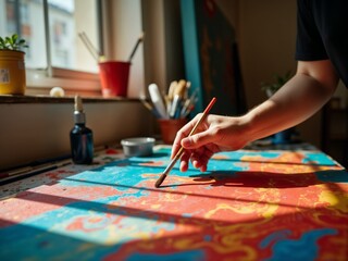 Fototapeta premium Artistic Expression: Close-Up of a Hand Painting a Vibrant Abstract Canvas in a Creative Studio