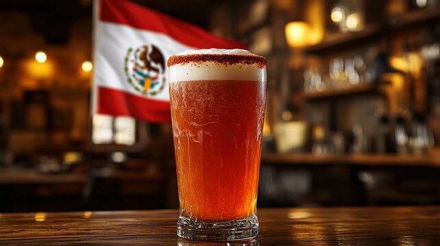 Authentic Michelada Mexican Beer Cocktail with Salt Rim and Lime in Rustic Bar Ambience Featuring Mexican Flag and Traditional Culinary Culture