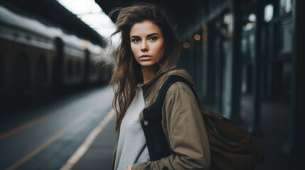 Obraz premium A woman with a suitcase at a train station, immersed in thoughts about the future. Bright lighting creates an atmosphere of anticipation