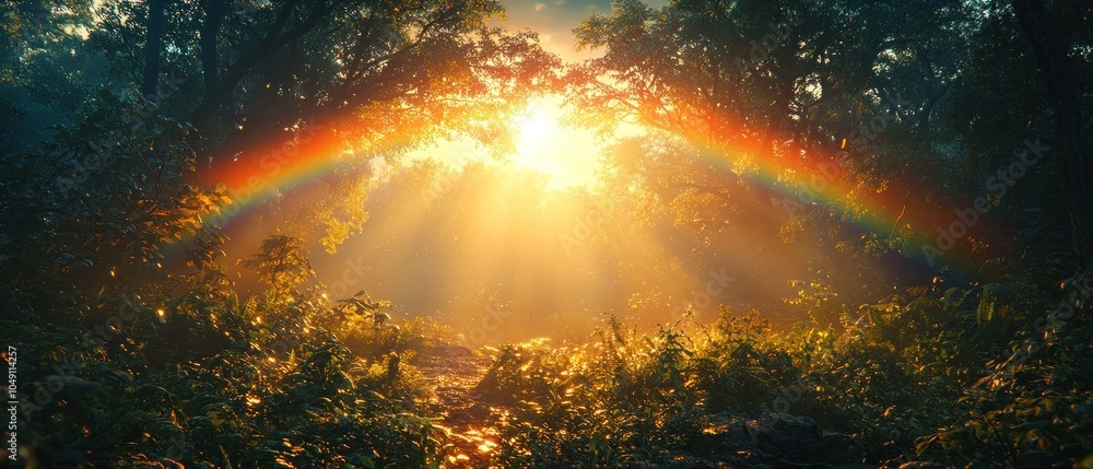 Poster Sunbeams Illuminating a Path Through a Misty Forest with a Rainbow