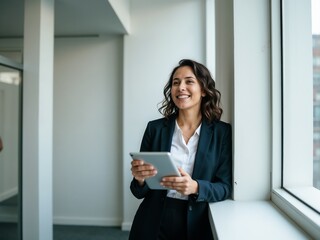 Smiling Businesswoman Using a Tablet in a Modern Office Setting
