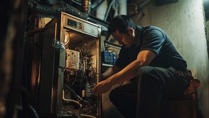 Naklejka premium Heating Technician Inspecting Furnace in a Home 