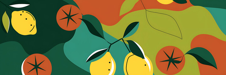 Abstract lemons and tomatoes on a green background  perfect for summer and nature themed projects   