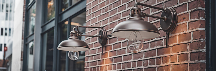 Industrial style bronze lamps on red brick wall  vintage urban design   