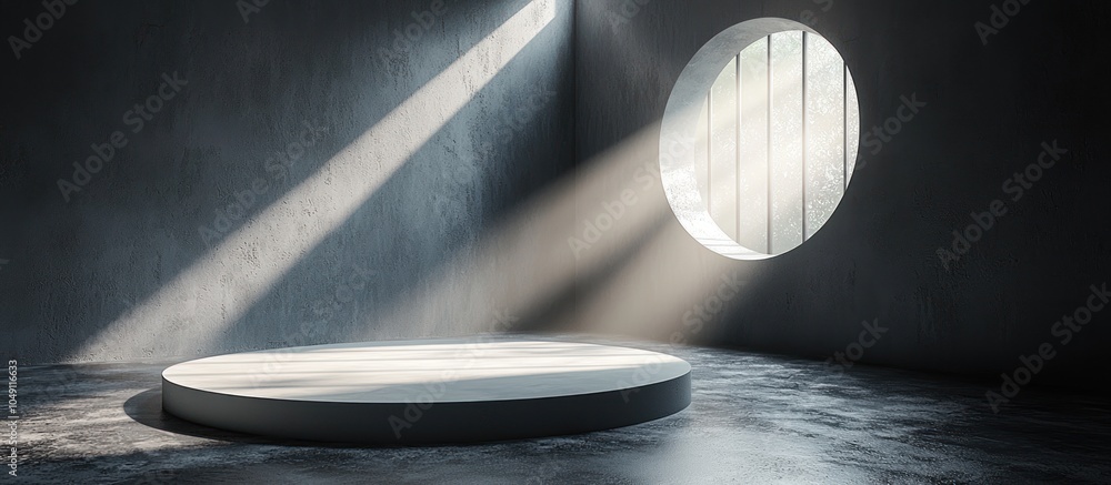 Poster circular window with sunbeam illuminating a concrete platform