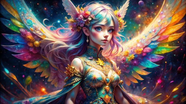 Elegant angelic figure with vibrant wings and floral adornments, set against a colorful cosmic background
