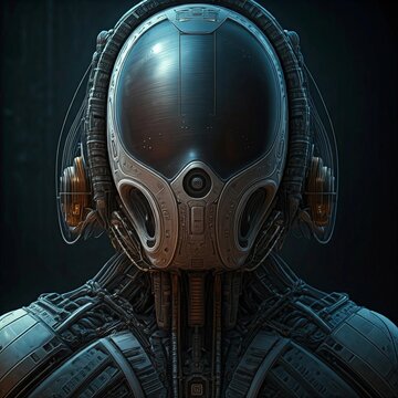 A picture of a Artificial intelligence of a robot wearing a human like mask. Cutting edge technology Theme