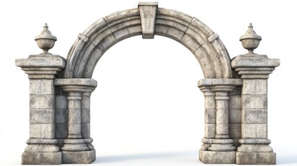 Obraz premium Stone arch gate with decorative elements, isolated on a clean white background.
