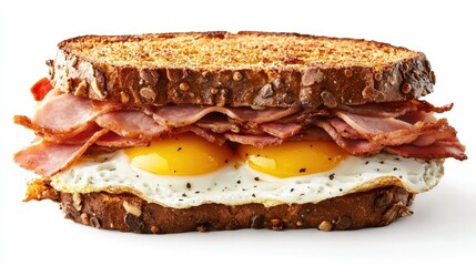 Strammer Max sandwich with crispy ham and eggs, isolated on a clean white background.