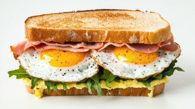 Strammer Max sandwich, featuring fried eggs and ham, isolated on a white backdrop.