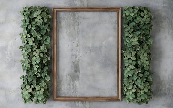 Green foliage framing a wooden frame on a grey background  minimalist design  blank canvas for your message   