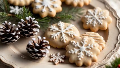 Fototapeta premium Plate of cookies with snowflakes on top and pine cones on the side. The plate is white and the cookies are decorated with white icing. Homemade baked goods made from natural products.