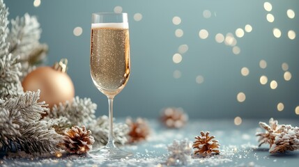 High glass filled with sparkling champagne with  Christmas decoration near it 