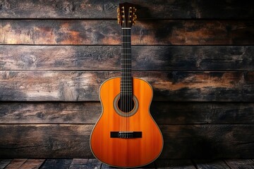 Naklejka premium Musical design with acoustic guitar. Spanish guitar and wood wall.Music background .generative ai