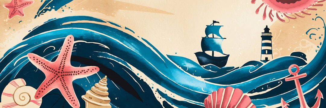 Watercolor illustration of seashells  starfish  a ship  and a lighthouse on blue and beige background  perfect for nautical themed designs   