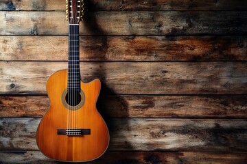 Obraz premium Musical design with acoustic guitar. Spanish guitar and wood wall.Music background .generative ai