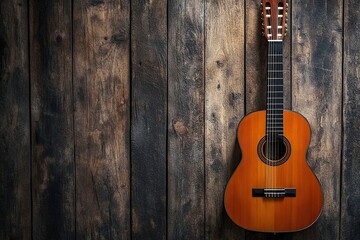 Musical design with acoustic guitar. Spanish guitar and wood wall.Music background .generative ai