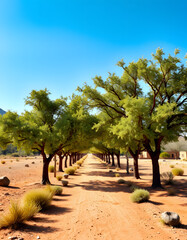 Fototapeta premium Picturesque avenue of shady green trees, welcoming you to a charming oasis town, in the middle of no-where, surrounded by a dry and harsh landscape isolated with white highlights, png