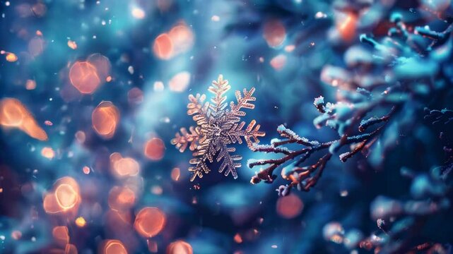 Delicate snowflake in slow motion amidst a dreamy, bokeh-filled winter background for cinematic use