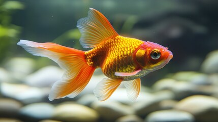 Vibrant goldfish swimming in a clear fish pond, captured in a detailed close-up.