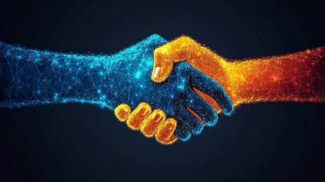 A digital handshake symbolizes cooperation and partnership in a technology-driven future with vibrant blue and orange colors