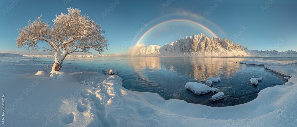 Poster snow-covered tree and mountain range with rainbow over a frozen lake