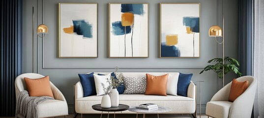 Modern living room interior with abstract paintings, comfortable sofa and stylish decor elements.