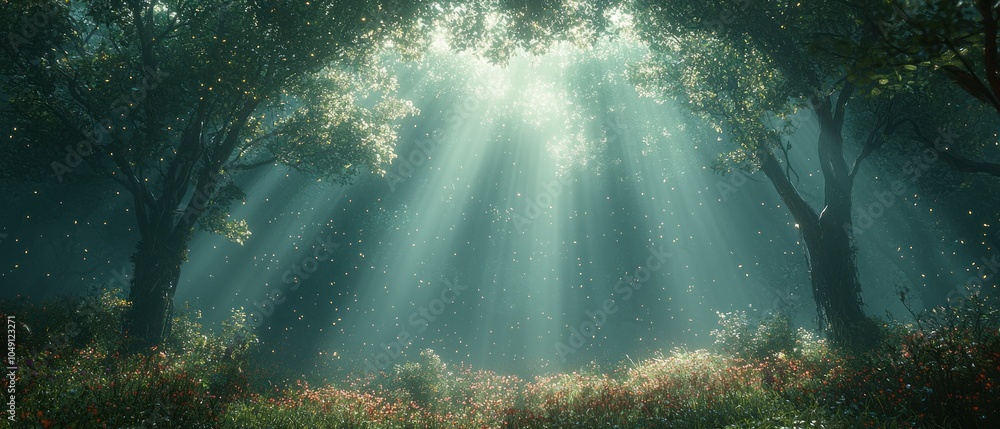 Poster sunbeams and fireflies illuminating a lush forest clearing