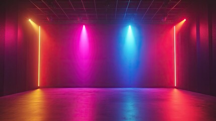 A bright and modern stage background with vivid, multicolored lights, offering a large copy space for branding or announcements.