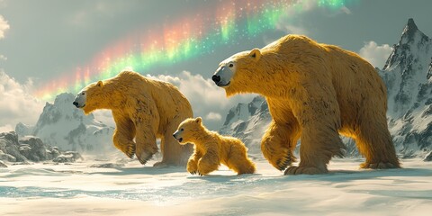 Majestic Polar Bears with Golden Fur Roam Snowy Arctic Landscape Under Vibrant Northern Lights and Rugged Mountains, Capturing Winter Wilderness Beauty
