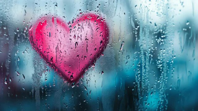 Heart drawn on foggy window with raindrops, romantic mood
