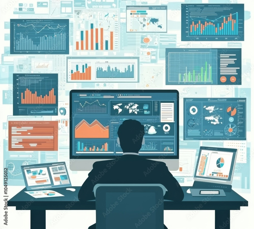 Poster the graph of investment and finance report is displayed on the monitor for people analytics and moni