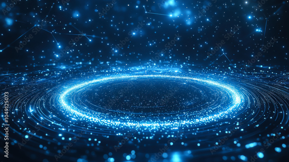 Poster dynamic blue light swirl representing a galaxy with sparkling particles in a dark cosmic background 