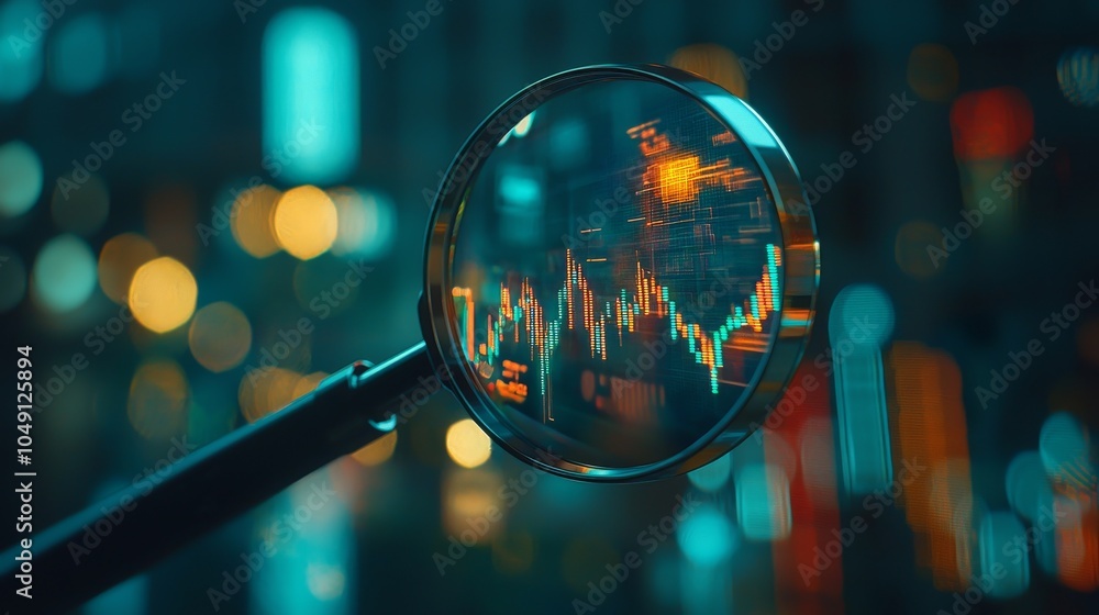 Poster examining and checking finance graphs in a magnifier office. stock generated graphs.