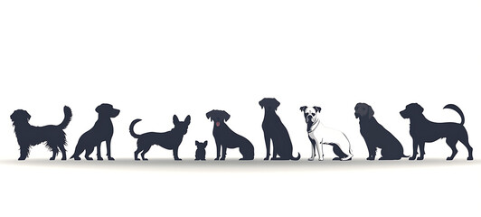 Obraz premium Silhouettes of various dog breeds standing in a row, vector illustration on a white background, ideal for pet shops or animal care services, high resolution.