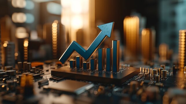 A 3D growth graph shows profit and revenue growth, accompanied by a hovering arrow that indicates a positive market situation