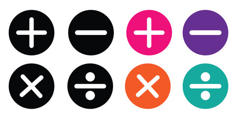 Mathematical Icon Set - Includes plus, minus, multiply, divide, equals and percentage icons/symbols set within circles.
