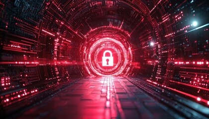 Obraz premium Futuristic Digital Tunnel with a Glowing White Padlock in the Center