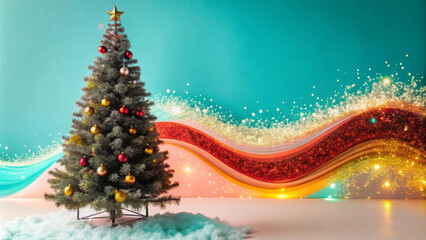 A decorated Christmas tree with red and gold ornaments stands on a snowy surface. A vibrant wave of multicolored light and glitter adds a festive, magical atmosphere to the scene with copy space.AI ge