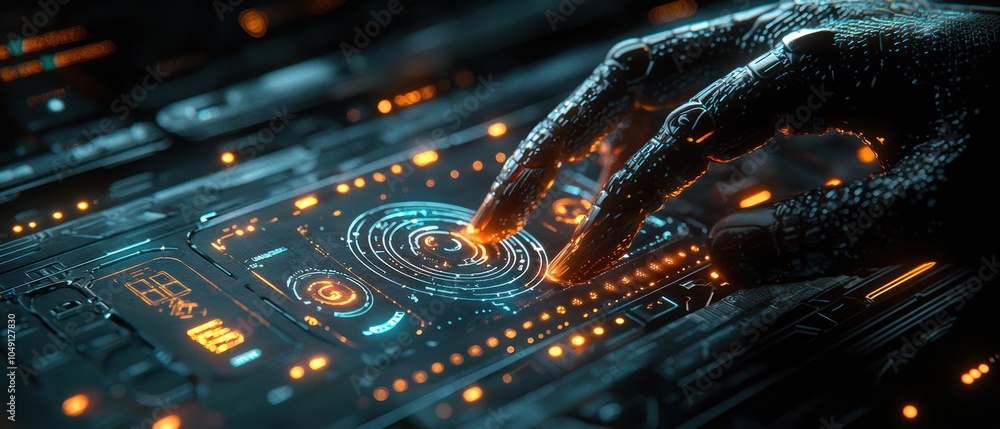 Poster robotic hand interacting with a futuristic interface