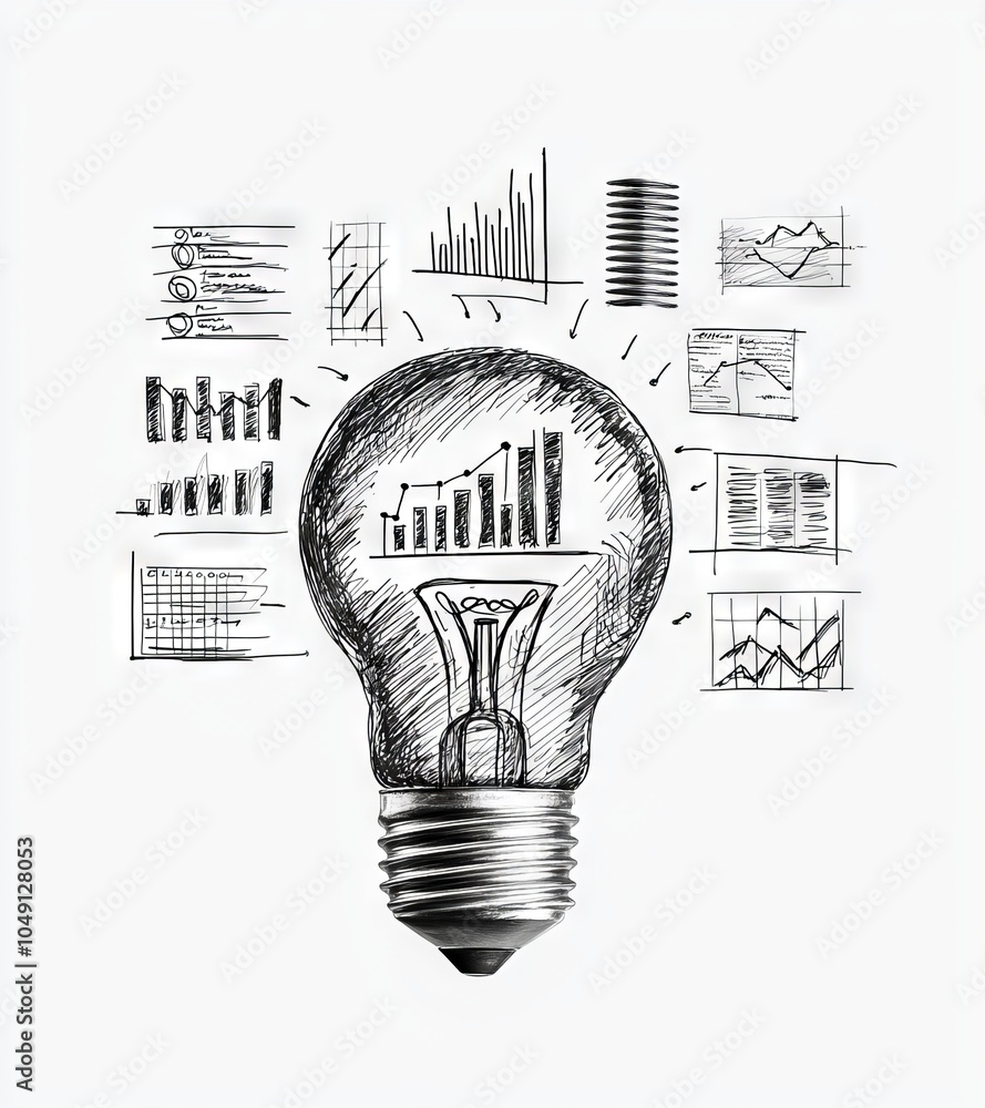 Poster drawing graph inside light bulb isolated on white background