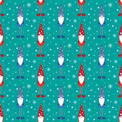 Vector illustration. Geometric gnome Santa Claus seamless pattern cartoon on blue background.