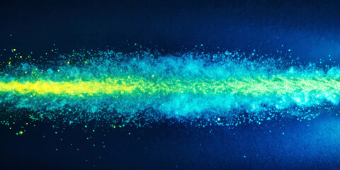 A vibrant burst of yellow and blue particles creates a stunning, cosmic-like effect against a dark background. The central stripe glows with intensity, suggesting movement and energy.AI generated.