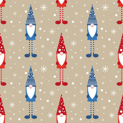 Vector illustration. Geometric gnome Santa Claus seamless pattern cartoon on beige background.