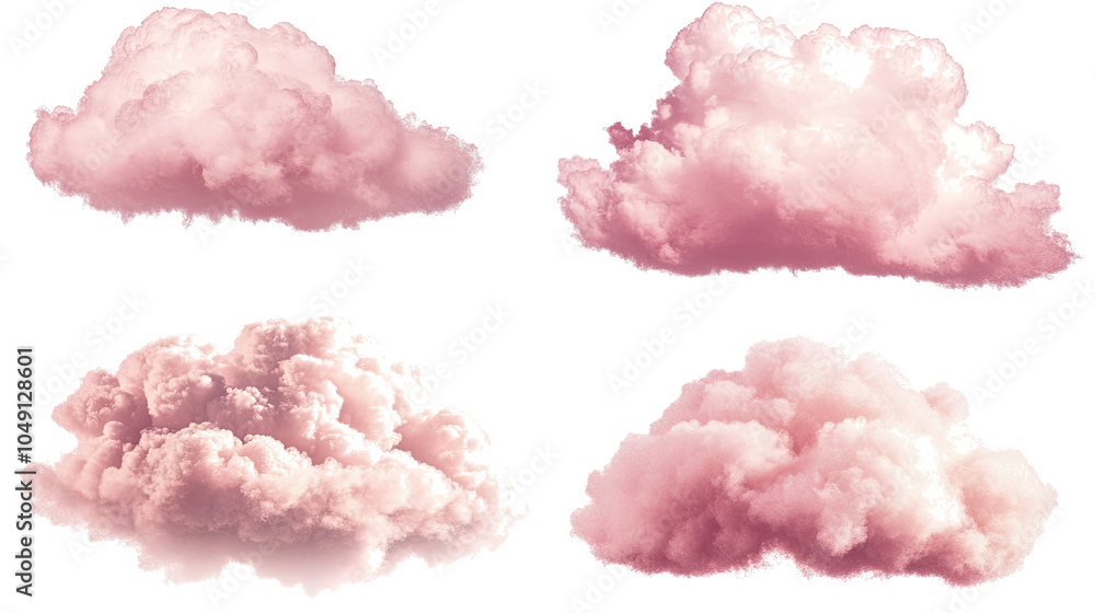 Poster set of soft pink clouds isolated on a transparent background generative ai